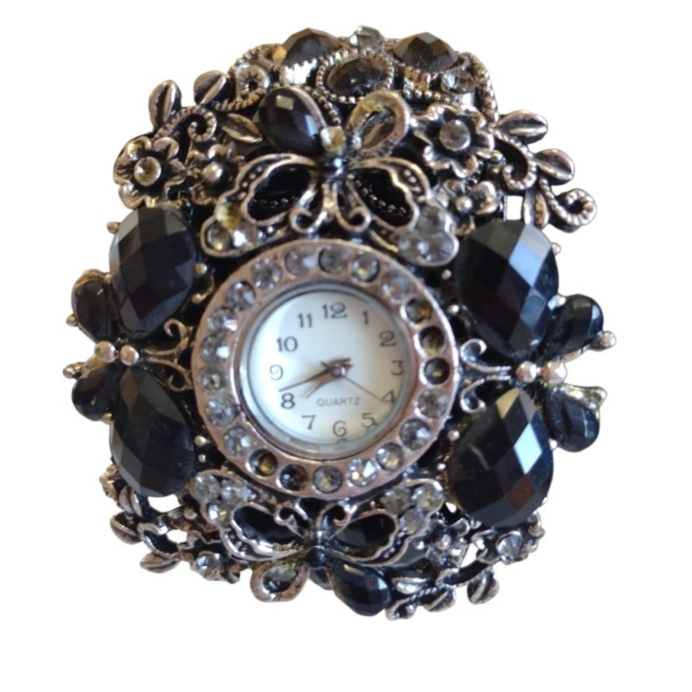 Vintage Silver Tone Gothic Butterfly Beaded Bracelet‎ Bangle Rhinestones